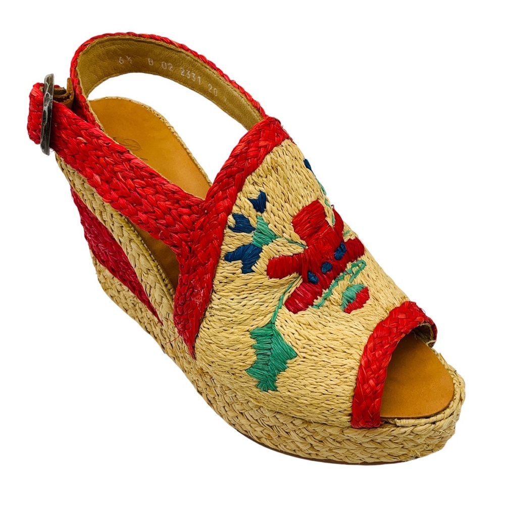 ROBERT CLERGERIE NATURAL / RED MULTI RAFFIA WEDGE SANDALS